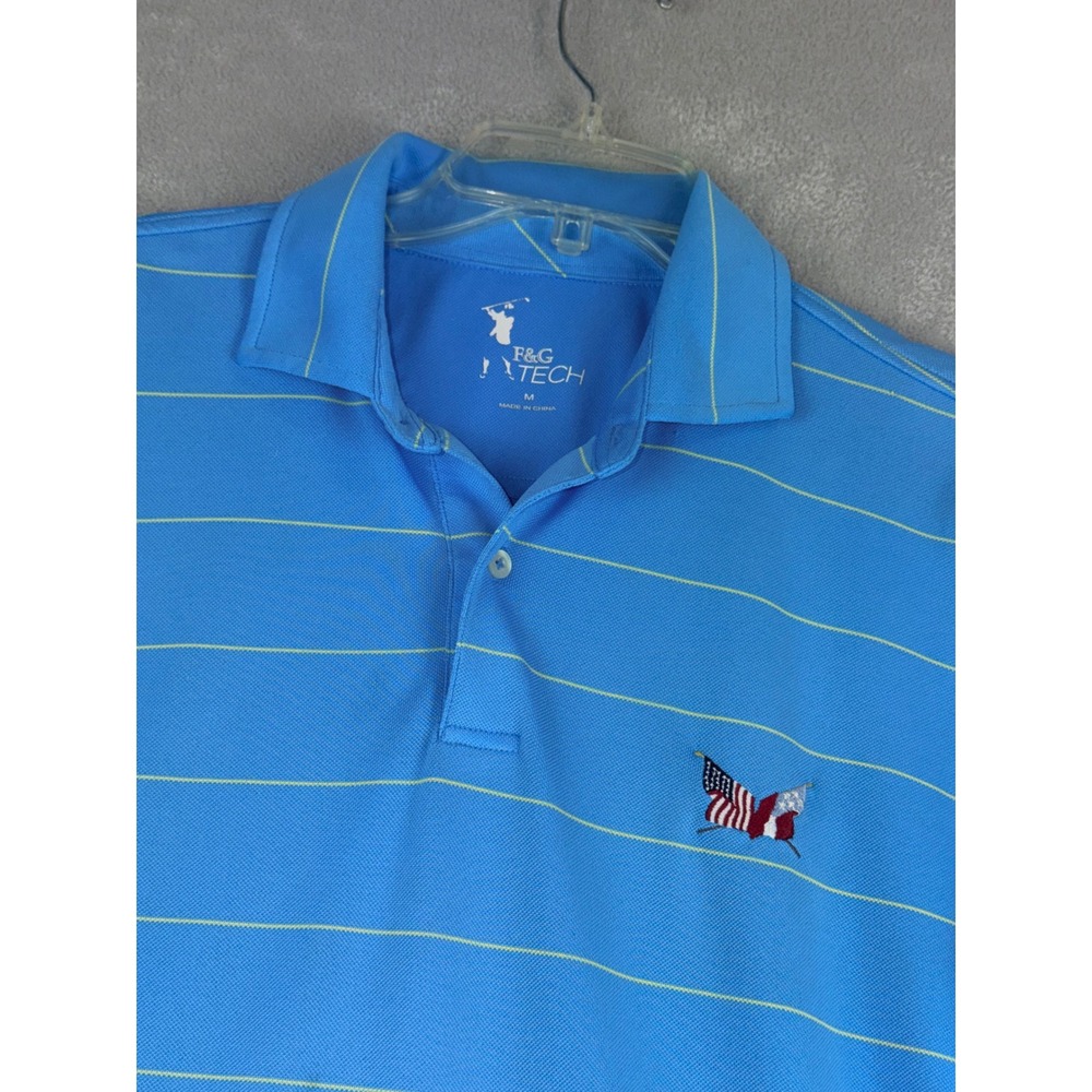 F&G‎ Tech Secession Mens Medium Blue Striped Golf Polo Shirt Short Sleeve